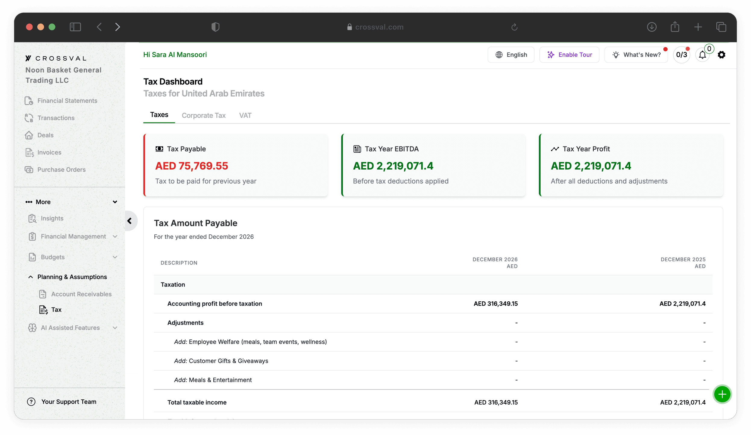 CrossVal AI bookkeeping dashboard showing categorized transactions, VAT status, and profit summary for UAE businesses