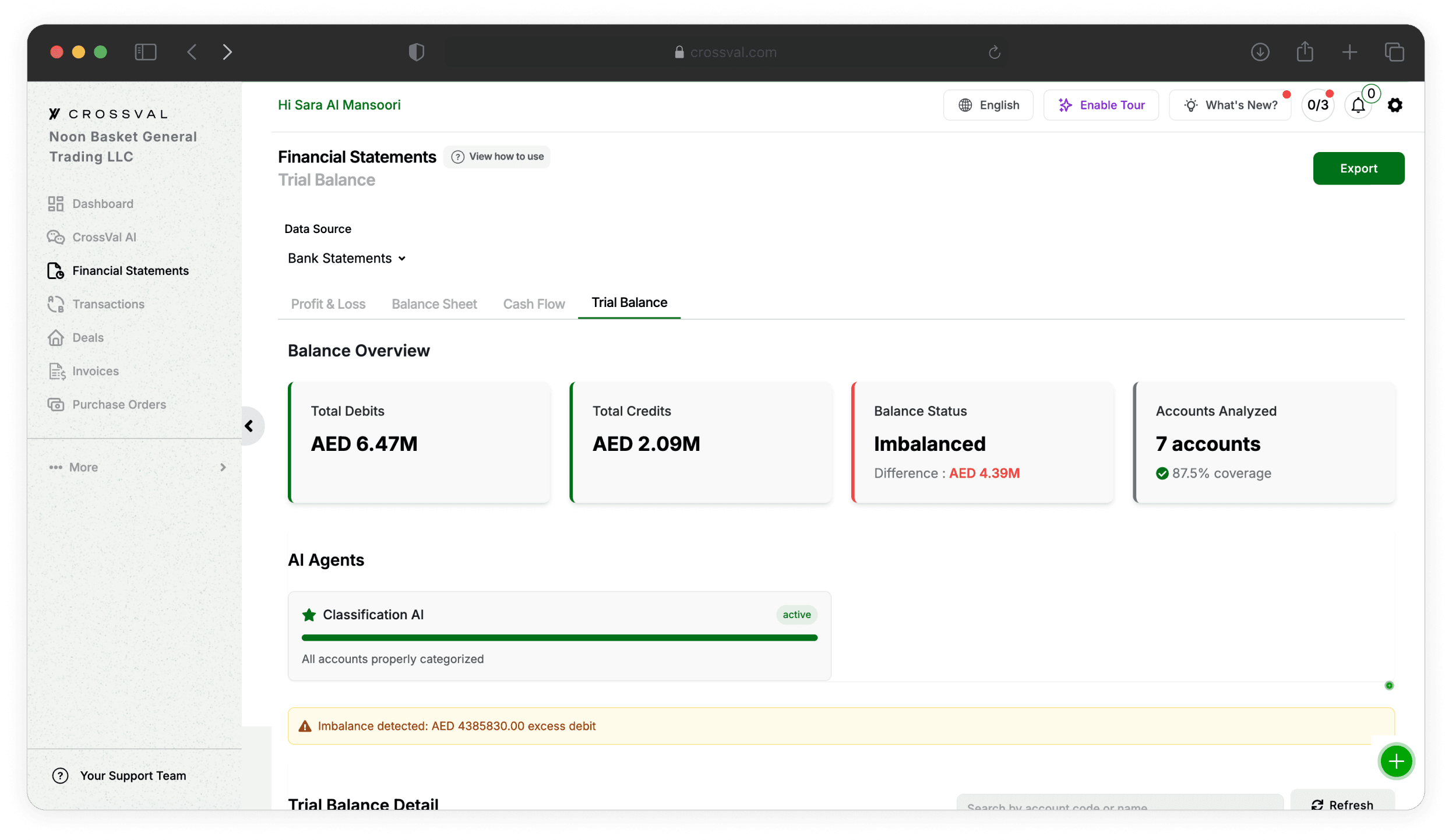 CrossVal reconciliation view matching bank transactions to ledger entries with variance flags
